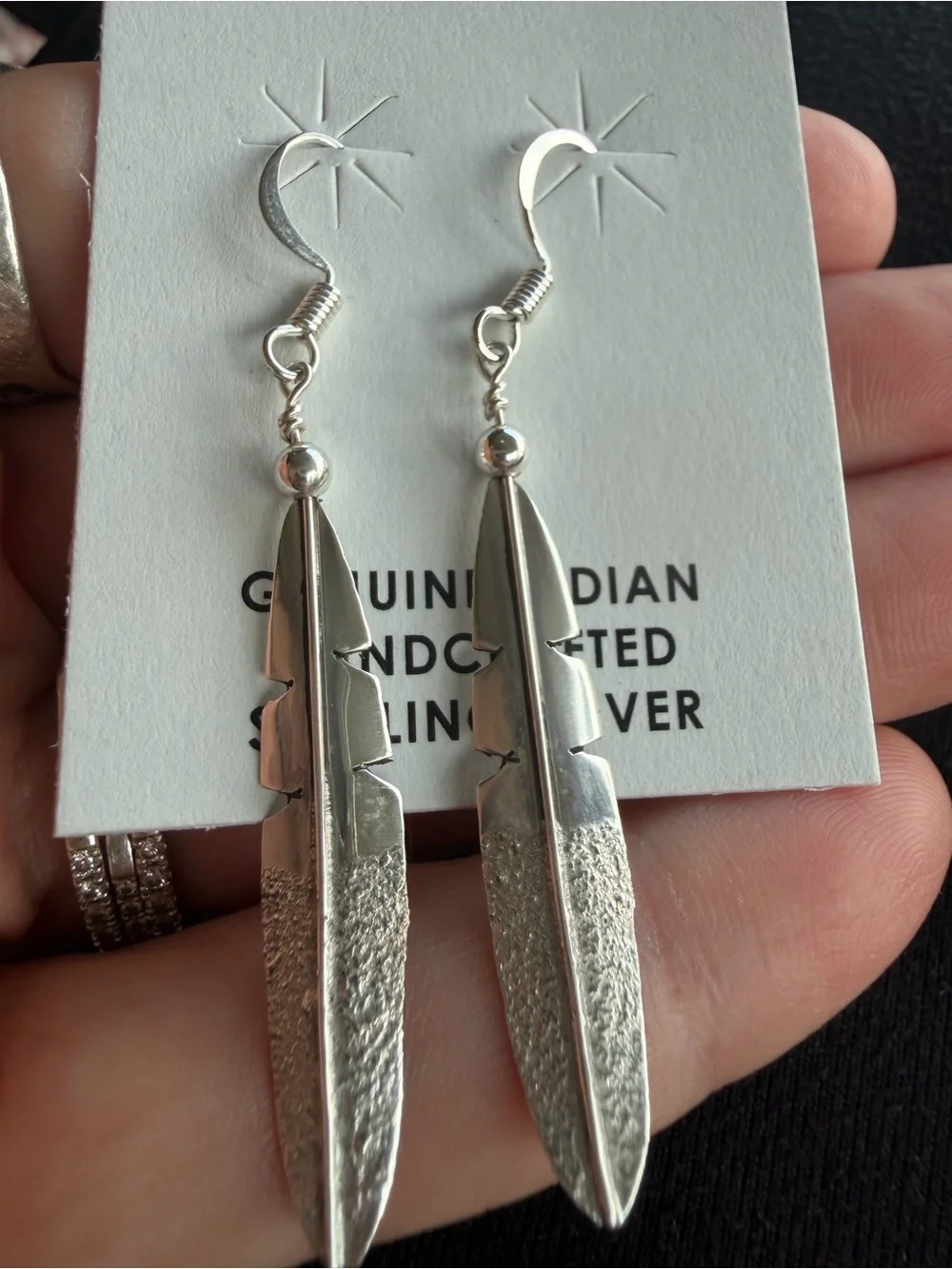 Navajo Handmafe Sterling Silver Feather Dangle Earrings - Silver